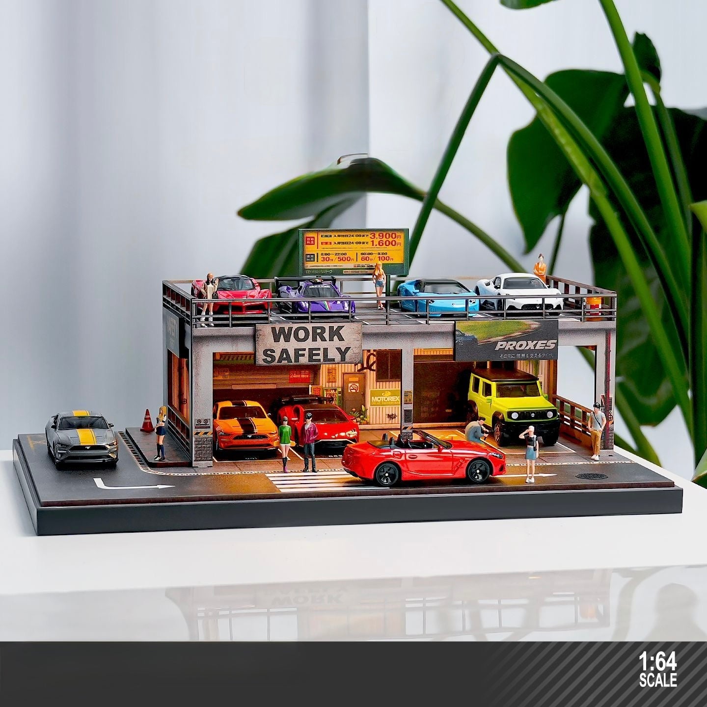 1:64 Scale Diorama – Two-Level Garage & Rooftop Parking Display with LED Lighting & Acrylic Case