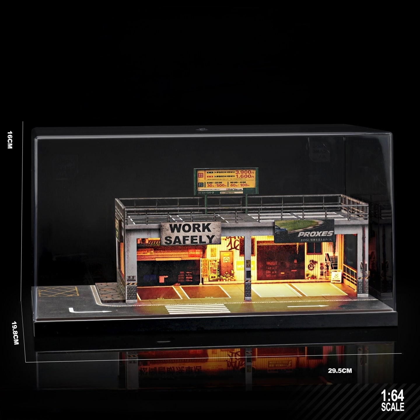 1:64 Scale Diorama – Two-Level Garage & Rooftop Parking Display with LED Lighting & Acrylic Case