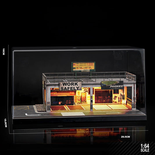 1:64 Scale Diorama – Two-Level Garage & Rooftop Parking Display with LED Lighting & Acrylic Case